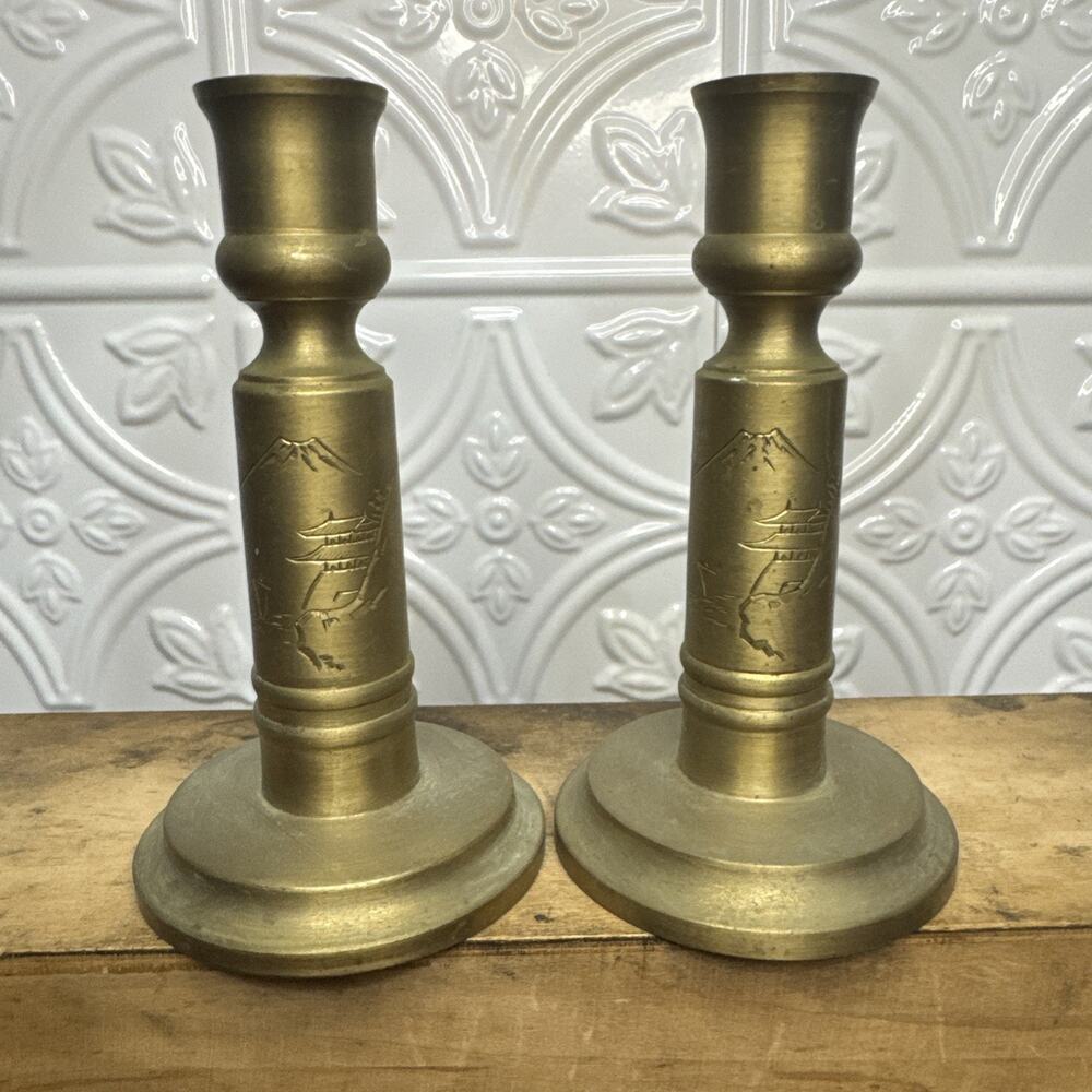 Vintage Japanese Landscape Etched Brass Candlesticks 2pcs.
